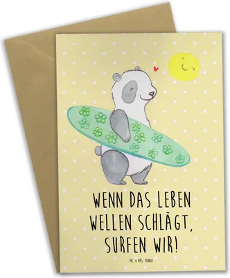 Produktbild von Mr. & Mrs. Panda Glückwunschkarte Sommer Wellen Surf - Gelb Pastell - Geschenk, inspirierend, neujahrskarte, Geschenke, weihnachtskarten, einladungskarten, Strandurlaub