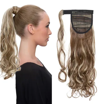Productafbeelding van Paardenstaart extensions, 43 cm, golvend, synthetisch haar, lichtbruin & asblond