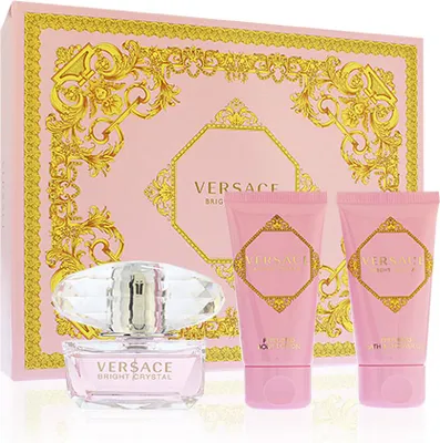 A Versace Bright Crystal gift set for women, including perfume and lotions, displayed on a white background.