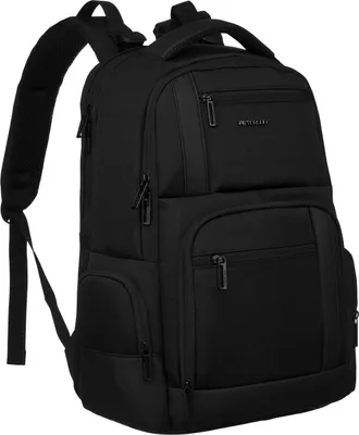 A black laptop backpack is shown against a white background.