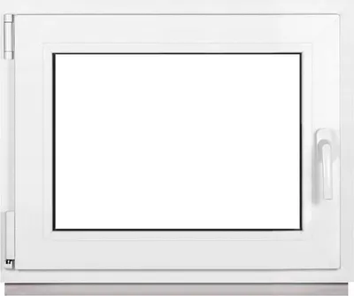 A white PVC window frame with a clear glass pane, shown from the front against a white background. The window has a handle on the right side and hinges on the left.