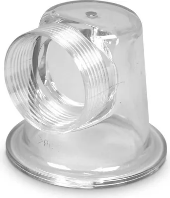 A clear plastic filter lid with threaded connection.