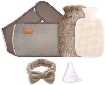 Productafbeelding van Hot Water Bottle 1 Litre Rubber Hot Water Bottle with Waist Cover, 3-in-1 Rubber Hot Water Bottle with Fleece Cover, Hair Bands and Funnel for Legs
