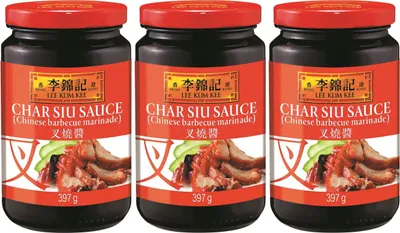 Three jars of Lee Kum Kee Char Siu Sauce are displayed side-by-side against a white background.