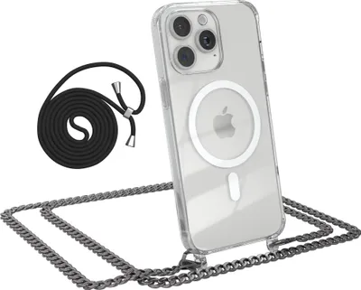 Produktbild von EAZY CASE Handykette kompatibel mit Apple iPhone 15 Pro Max, Kette zum Umhängen aus Metall, Silikonhülle mit Band, stoßfest, mit MagSafe in Grau