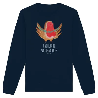 Produktbild von Mr. & Mrs. Panda Baumwoll Pullover Rotkehlchen Weihnachten Größe S - French Navy - Geschenk, Frohe, Heiligabend, Weihnachtsgruß, Vogel, Sweatshirt, Sweater, Winter, Pulli