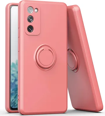 A pink phone case with a ring holder is shown against a white background.