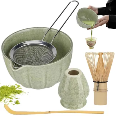 Immagine prodotto di Set per il matcha - Servizio da tè in Vetroceramica - Tazza - Porta per il frustino - Cucchiaino - Setaccio - Superficie antiscivolo - Adatto al microonde e alla lavastoviglie