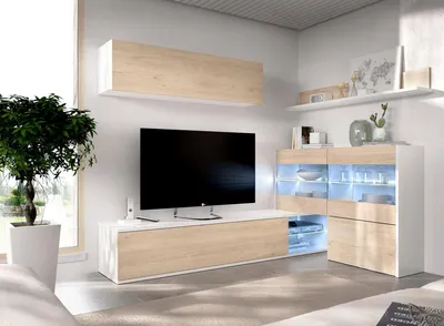 Produktbild von Wohnwand Daade, Modulares Eck-Wohnzimmerset, Multipositions-Wohnzimmermöbel mit LED-Licht, 260x41h180 cm, Eiche und Weiß