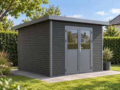 Produktbild von Linholm WPC Gartenhaus Linia 2828 inkl. Dachrinnen-Set, 2-farbig in Grau/Anthrazit, KI-generiertes Bild