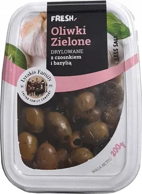 Obrázek produktu pro Zelené olivy bez pecek s česnekem a bazalkou 200 g