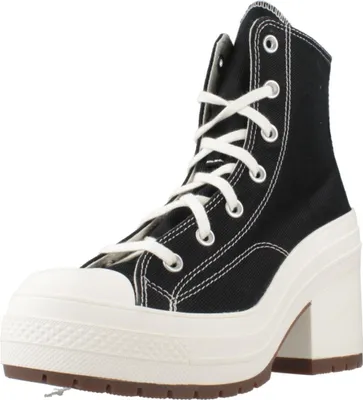 A black Converse Chuck 70 De Luxe Heel sneaker with white laces and a thick white platform sole, shown from a side-angle against a white background.