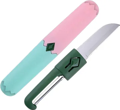 Produktbild von Multifunktionales Küchenwerkzeug 2-in-1: Messer und Schäler für Obst und Gemüse in Grün-Rosa