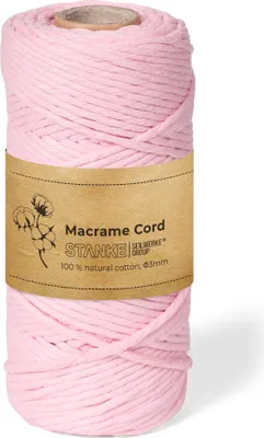 Produktbild von STANKE Makramee Garn 3mm 100 m Farbe Rosa - Baumwollgarn für Boho-DIY, Körbchen, Traumfänger - Baumwollkordel für Girlanden, Untersetzer, Taschen - 100% Baumwolle, gedreht, weich, große Rolle