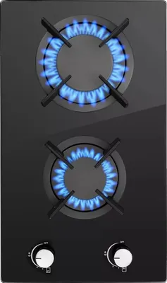 A top-down view of a black gas stovetop with two burners on, showing blue flames.