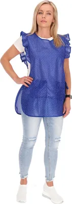 Produktbild von Chasuble Kasack Überwurf Schürze Dederon Nylon Nostalgie Rüsche Punkte, Größe:S, Farbe:blau mit weißen Punkten