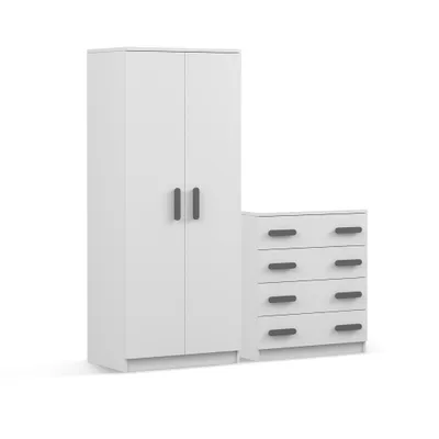 Produktbild von Drehtürenschrank und Kommode 2er-Set JONAS I 06/JONAS I 02 Weiß/Weiß graue Griffe