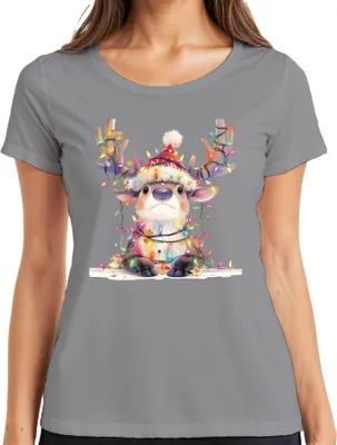 Produktbild von Süßes Rentier Lichterkette Weihnachten Geschenk Kinder Cartoon Damen T-Shirt, Grau, M