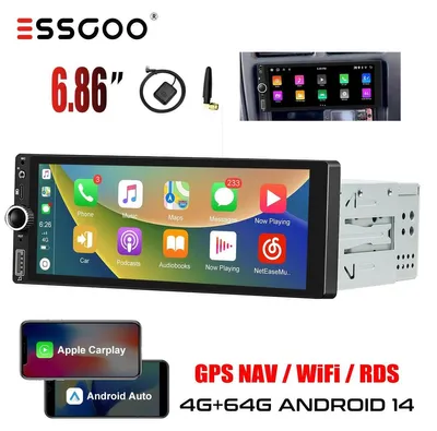 Zdjęcie produktu dla Radio samochodowe 1 DIN z systemem Android 14, 6,8-calowy ekran dotykowy, nawigacja GPS, Apple CarPlay, Android Auto, zestaw głośnomówiący, 4 GB pamięci RAM, 64 GB pamięci, Bluetooth, USB, FM