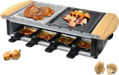 Produktbild von Syntrox Germany Raclette-Grill 8 Personen 1200W mit Steinplatte Bambus
