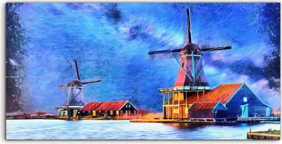 Produktbild von Coloray Acrylbild 140x70  Wandbild Acrylbilder Deko Windmühle Bauernhof Wasser Himmel
