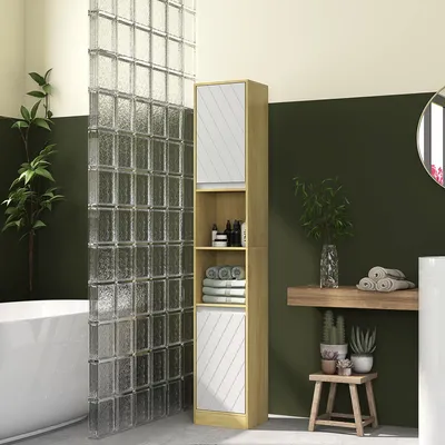 Image de Armoire de salle de bain étroite avec 2 portes et des étagères ouvertes, dimensions : 30 x 24 x 170 cm, finition chêne blanc