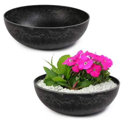 Produktbild von Runde bauchige 25 cm Pflanzschale für draussen, schwarz marmoriert
