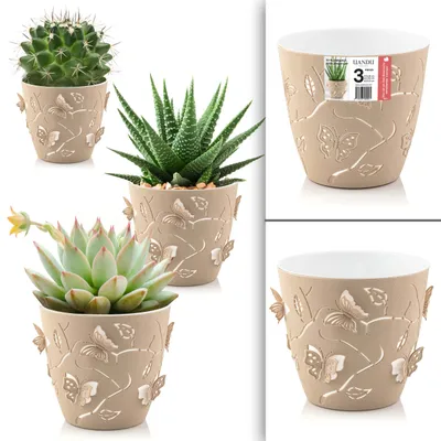 Produktbild von uandu 3er Blumentopf Set. 3 Größen. Blumenständer, Deko, Blumen, fürs Zuhause, Plant Pot, übertopf, Flower Pot. Blumentopf Gross, Pflanzentopf Groß, 3D, Dark Creme