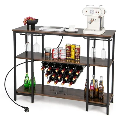 A multi-shelf bar cabinet with wine storage, glasses, and drinks.