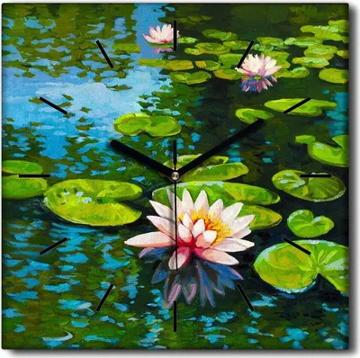 Produktbild von Coloray Uhr auf Leinwand 30x30 cm Wand Uhr Dekoration Wohnzimmer Segeltuch schwarze Hände -Wasserlilien Pflanze.