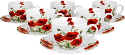Produktbild von DUO FLORAL 6er-Set Tassen 220 ml CLASSIC POPPIES mit Untertassen, New Bone China Porzellan