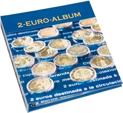 A blue album for 2-euro coins, with many 2-euro coins scattered on its cover.