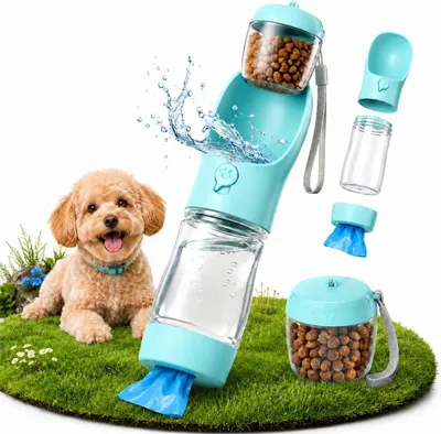 Productafbeelding van Hondendrinkfles voor onderweg - 3-in-1 - 350 ml - met voervak en poepzakdispenser