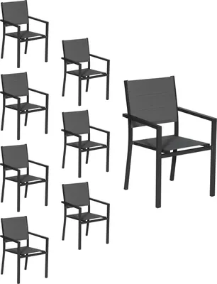 Produktbild von 8er Set gepolsterten Stühlen aus anthrazitfarbenem Aluminium - graues Textilene
