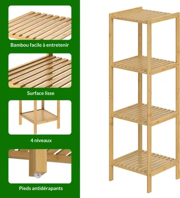 Image de Étagère en bambou 4 niveaux Meuble de rangement Charge max. 40 kg max. Maison intérieur salle de bain cuisine couloir