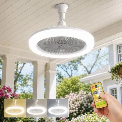 Image de Mini Ventilateur de Plafond E27 avec Lumière 25cm - Variable Télécommande Tête 360° Silencieux Ampoule Ventilateur Garage Cellier
