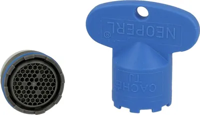 A faucet aerator and a blue plastic key tool are shown against a white background.