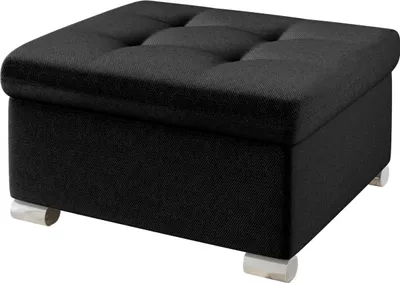 A black upholstered ottoman with tufted top and wooden feet, presented on a white background.