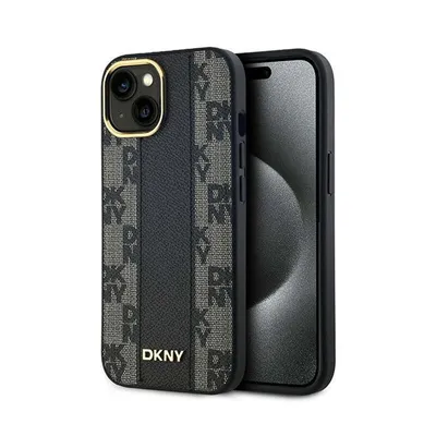 Produktbild von DKNY Leder-MagSafe mit kariertem Monomuster - iPhone 14/15/13 Hülle (Schwarz)