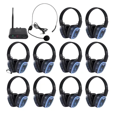 Immagine prodotto di Cuffie wireless Retekess TA004S per Silent Disco, connessione RF wireless, portata di 300 m, 3 canali con LED colorati, audio Hi-Fi, ideali per feste e riunioni di lavoro