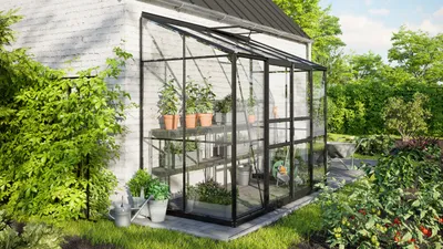 Produktbild von Vitavia Aktions (inkl. 60 Euro Zubehör): Anlehn-Gewächshaus "Ida 3300" schwarz 3,3 m² 3 mm ESG