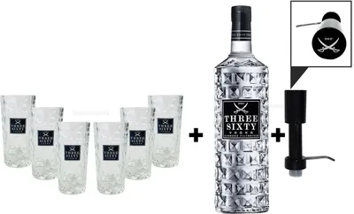 Produktbild von Three Sixty Set Geschenkset ? Three Sixty Wodka Vodka 3L 3000ml (37,5% Vol) + Pumpe + 6x Shotgläser Glas 2 und 4cl geeicht- [Enthält Sulfite]