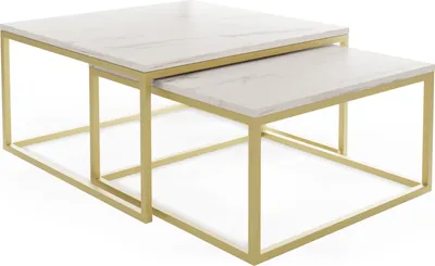 Produktbild von Rechteckige Quadratische Satztische Couchtische mit Gold Gestell - Loft Style Couchtische Metallbeine - 2 in 1 - Zwei Industrielle Getrennte Tische für Wohnzimmer - Marmor Weiß