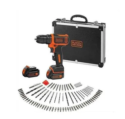 Produktbild von Akku-Bohrschrauber BDCDD12BAFC, 10,8Volt (schwarz/orange, 2x Li-Ionen Akku 1,5Ah, Koffer, 100-teiliges Zubehör-Set)