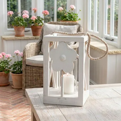 Produktbild von Laterne aus Holz, Windlicht, Blume, Weiß, Groß, Chabby Chic