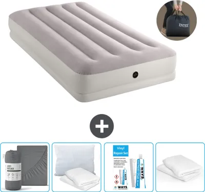 Productafbeelding van Intex luchtbed - 1 persoon - 99 x 191 x 30 cm - Grijs - Inclusief pomp - Spanlakenset - Kussen - Reparatieset en kussentrek
