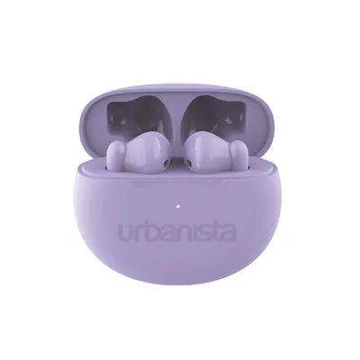 A pair of lavender purple wireless earbuds in their open charging case.
