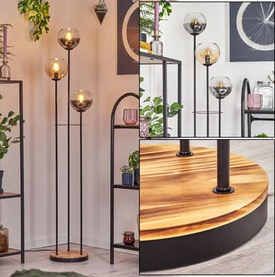 Produktbild von Cesaro Stehlampe aus Metall/Holz/Glas, Schwarz/Hellbraun/Rauch/Bernstein/Klar