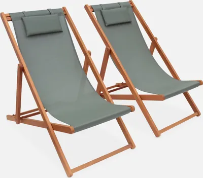 Immagine prodotto di Set 2 lettini prendisole in legno con cuscino poggiatesta, Verde kaki