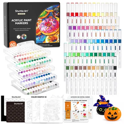 Acrylmarker-Set, 60 Farben, Pinselspitze, für Stein, Glas, Holz
